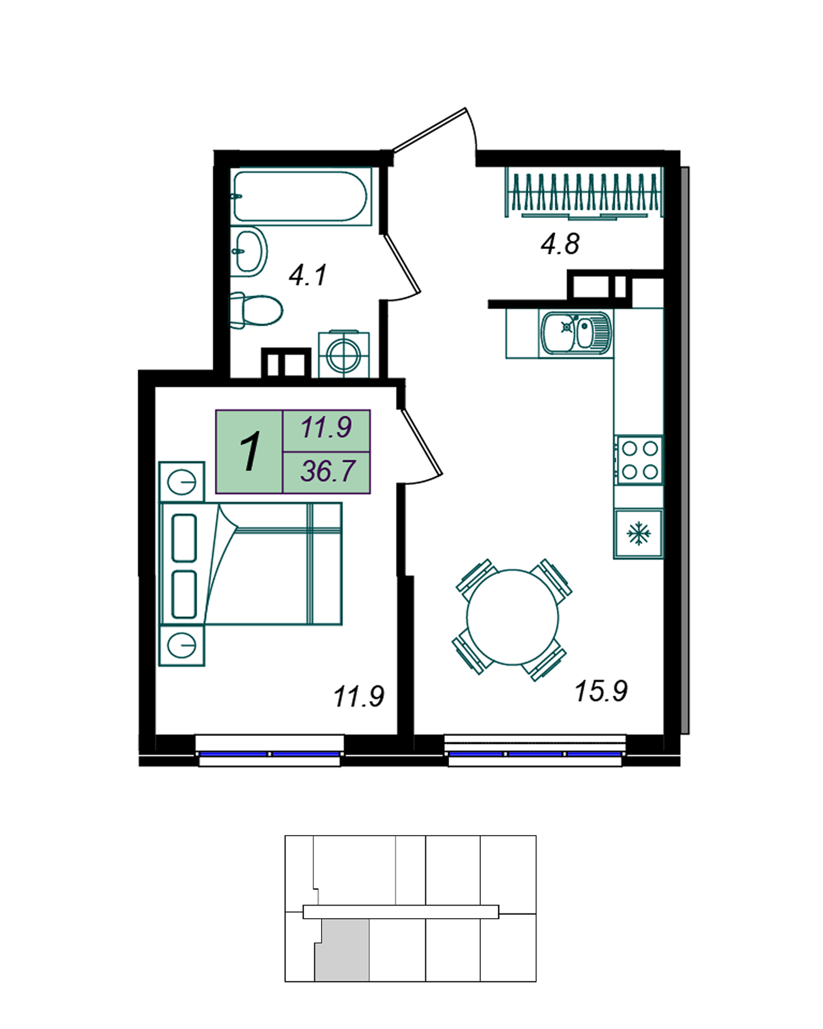 Однокомнатная квартира, 36,7 м² — пример планировки